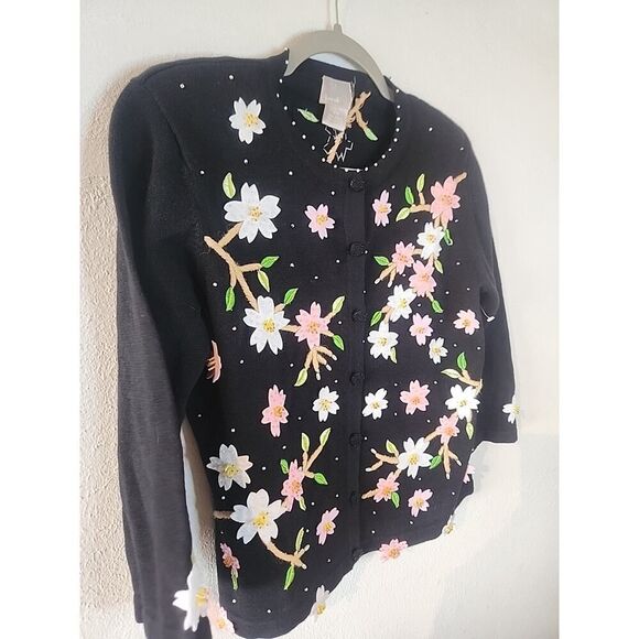 Berek Long Sleeve Button Down Floral Beaded Cardigan Sweater Petite Medium M - Picture 6 of 8